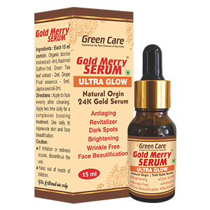 Ayurvedic Gold Merry Serum bottle, promising luxurious skincare benefits with natural ingredients."