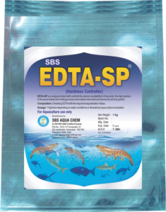 A container of EDTA-SP, a specialized product for regulating calcium levels in ponds to support optimal shrimp growth and molting process
